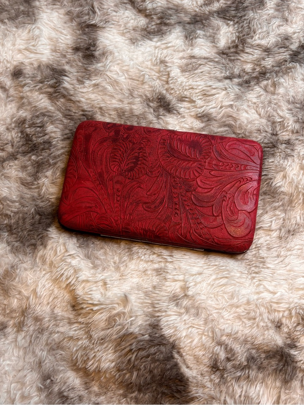 Red Tooled faux Leather Wallet Clutch - Women Bags